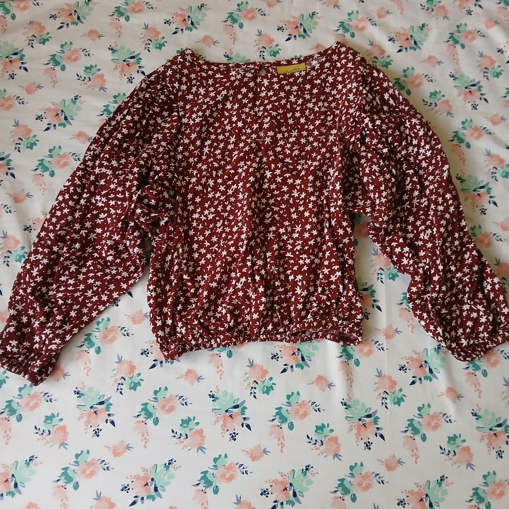 Red Smocked Puff Sleeve Blouse with Ruffled Details